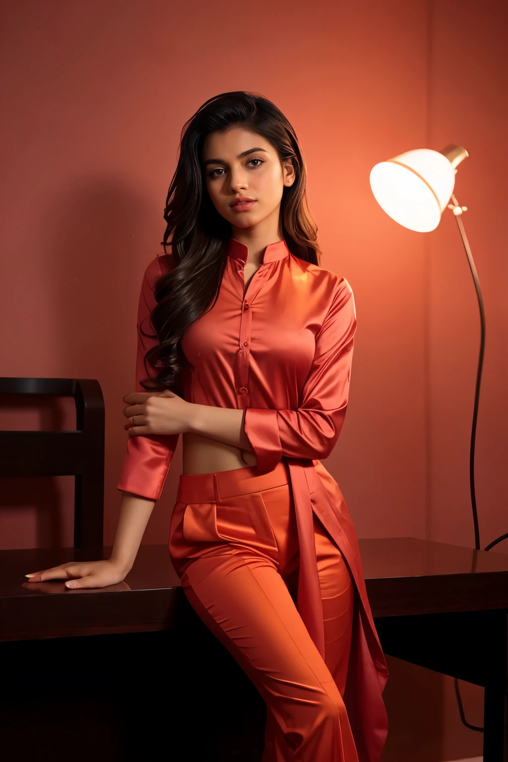 An indian Instagram model, wearing a maroon orange satin shirt and pants in a elegant looks, d size, elegant pose, in a pink background, rim light, warm lights, smoke, long glazing hair