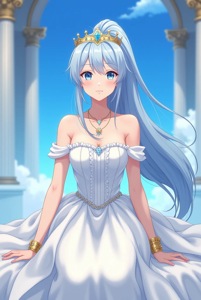 An anime-style medium shot of a hot cute girl with a long ponytail and light blue hair. She is wearing a white princess sleeve dress with a shoulderless top. She has a diamond crown on her head and a diamond necklace around her neck. She is also wearing a golden bracelet on her wrist. The girl is sitting in a bed in a castle. The background is blue. Full skirt white colour
