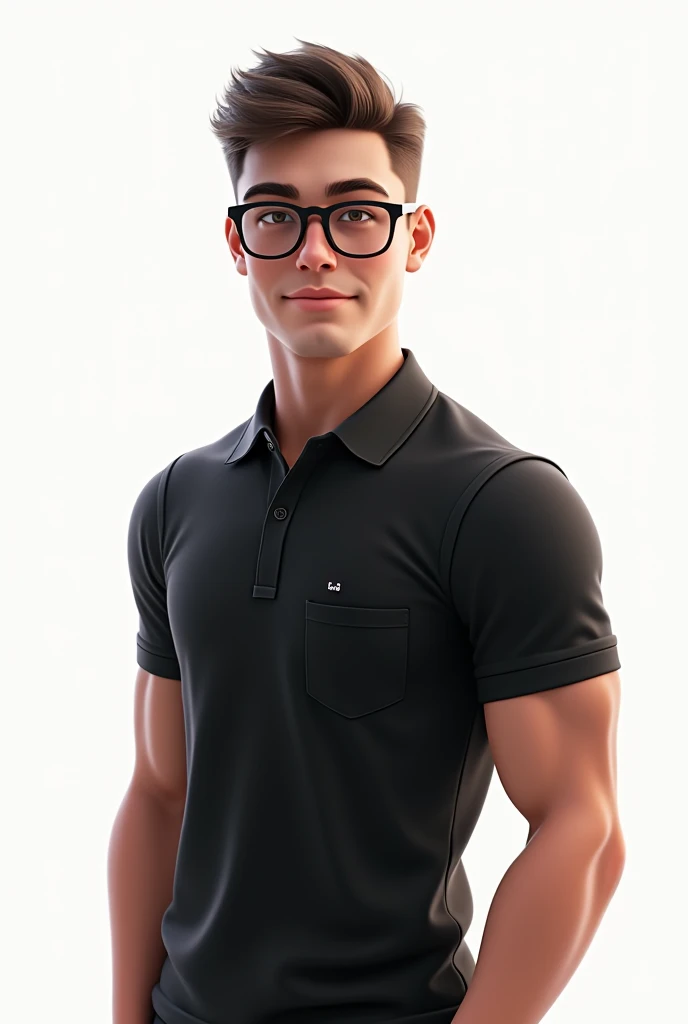 Handsome man, wearing black polo shirt, new cut hair, indoors, white background, wearing glasses, 23 year old, short haircut, animated
