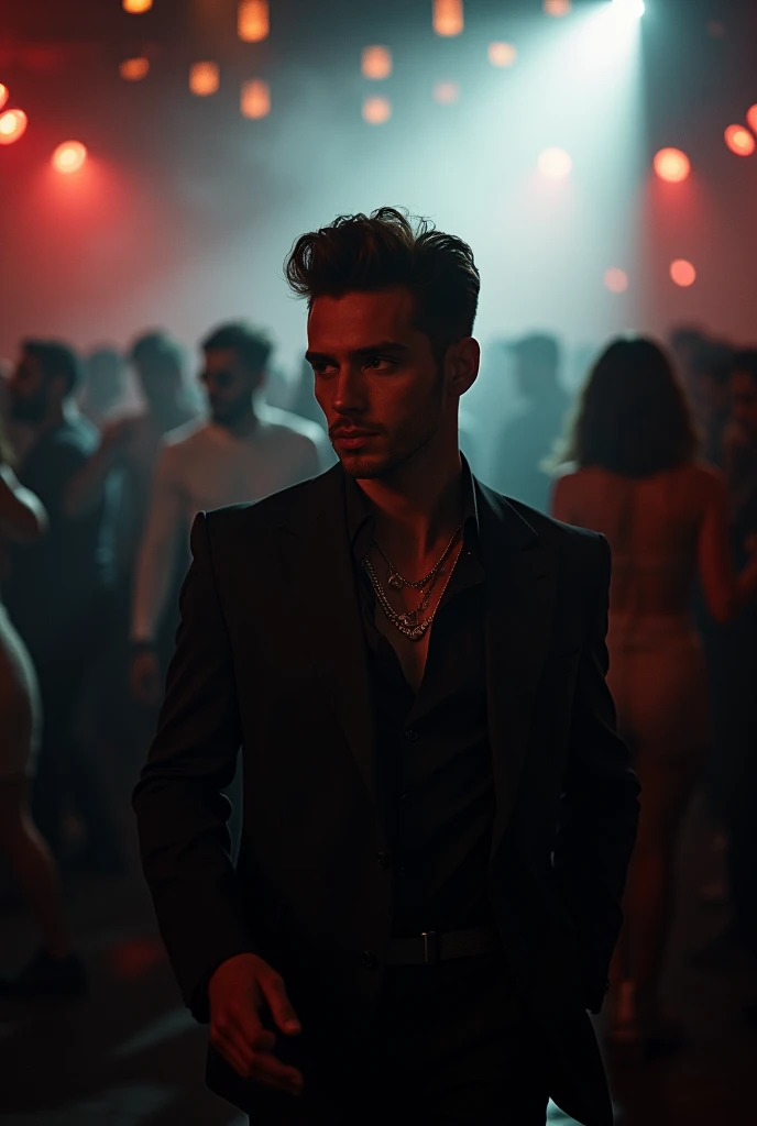 (Far distance camera angle),Very handsome man(elegant) is walking at the crowded clubs watching some one, perfect lightings, smokey rooms, so many man and girls dancing and loughting, depth of field, first-person view, f/1.8, 135mm, Nikon, UHD, retina, masterpiece, ccurate, anatomically correct, textured skin, super detail, high details, high quality, best quality, highres, 1080P, HD, 4K, 8k