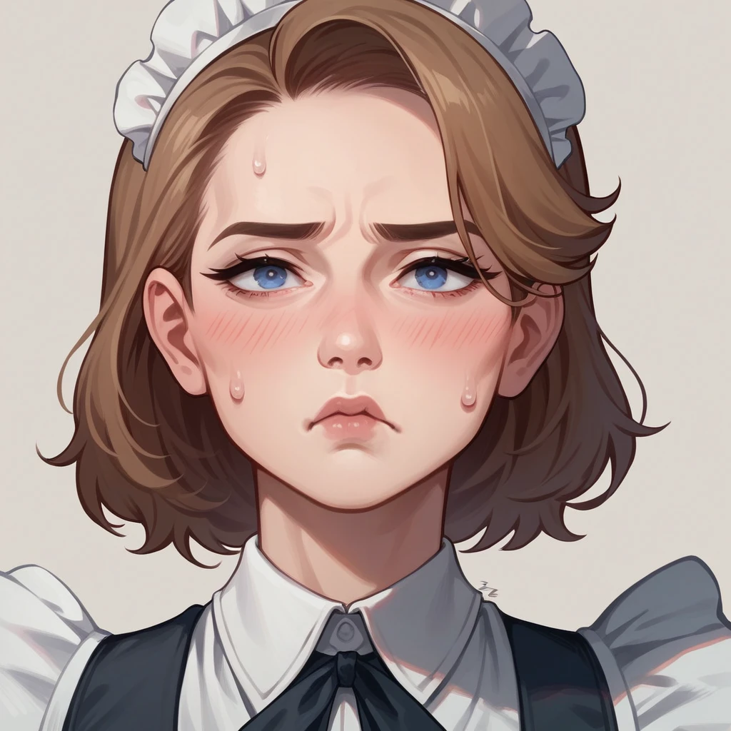 1girl, ellen joe (from zzz), maid, cute, a little sweat, close-up, serious look, sharp eyes, blushing, pout, medium lips,("detailed") ("high resolution"))("4k")("masterpiece" )