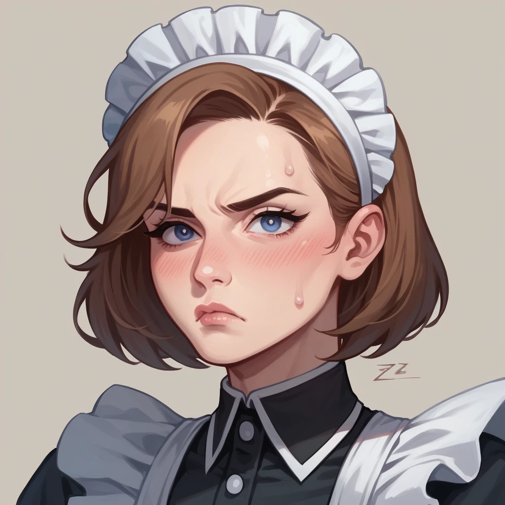 1girl, ellen joe (from zzz), maid, cute, a little sweat, close-up, serious look, sharp eyes, blushing, pout, medium lips,("detailed") ("high resolution"))("4k")("masterpiece" )