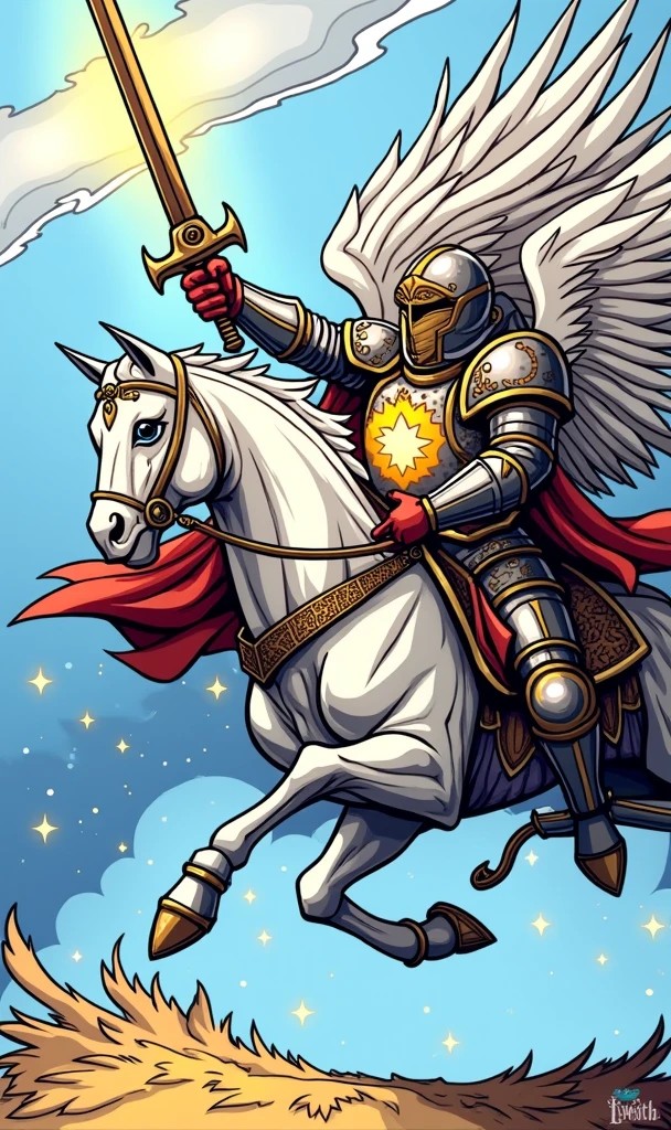 Create an intricate and powerful image for the "Knight of Lights" card in the Lumen Angelis deck, inspired by the Knight of Swords from the Rider-Waite tarot, but transformed into a celestial warrior of light. This image should capture the essence of swift action, decisiveness, and unstoppable energy, all while maintaining a divine, angelic presence that aligns with the overall theme of the deck.

At the center of the scene is a commanding angelic figure, the Knight of Lights, depicted in mid-flight. The knight's body is poised in a dynamic, forward-leaning stance, exuding a sense of urgency and determination. His wings are expansive and magnificent, made of pure, radiant light, with feathers that shimmer and pulse as they cut through the air. The wings are slightly blurred at the tips, conveying a sense of rapid movement, as if the knight is charging ahead at great speed.

The Knight’s armor is a breathtaking blend of celestial design and practicality, crafted from a material that appears to be forged from the very essence of starlight. The armor glows with a bright, metallic sheen, with intricate patterns of constellations and cosmic symbols etched into its surface. The breastplate features a prominent emblem of a blazing star, symbolizing the knight's role as a beacon of clarity and truth. Each piece of armor fits the knight perfectly, allowing for both protection and agility, and is accentuated by a flowing cape of light that trails behind him, adding to the sense of speed and motion.

In the knight’s right hand, he wields a long, gleaming sword of pure light, much like the one held by the Page of Lights, but larger and more formidable. The blade is sharp and straight, glowing with an intense, white-hot light that radiates power and authority. The sword’s hilt is adorned with celestial engravings, and it pulses with a rhythmic energy that syncs with the knight's heartbeat, symbolizing the deep connection between the warrior and his divine mission.

The knight's 