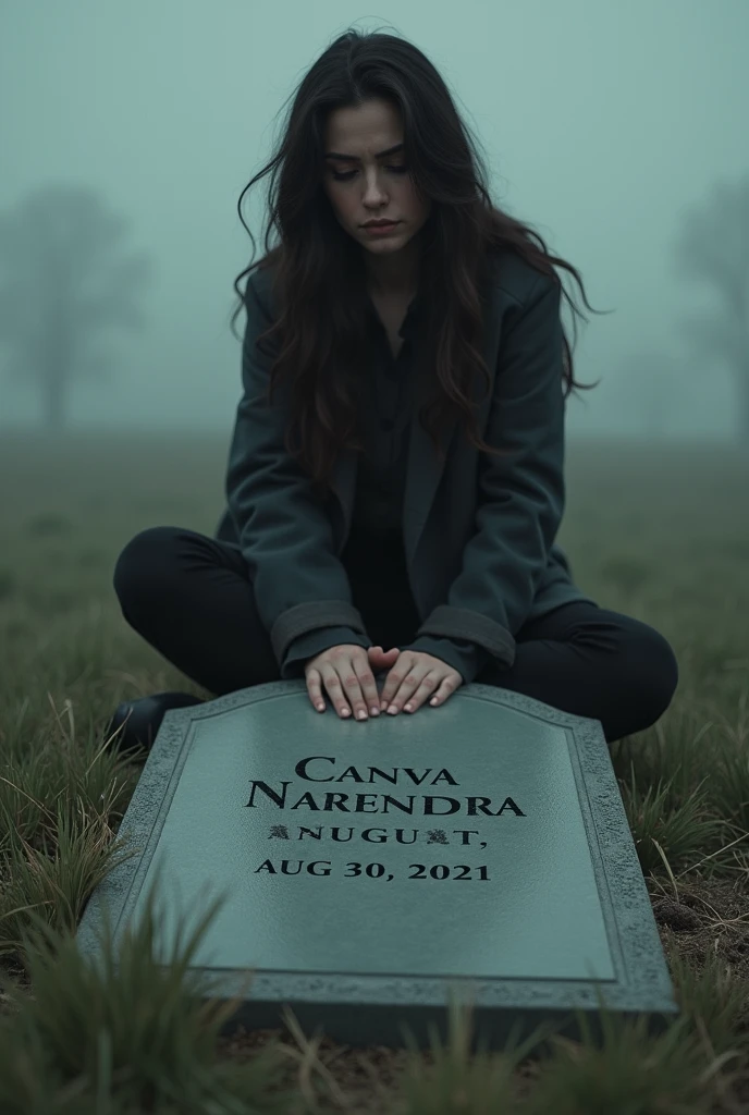 A woman sitting daydreaming looking at a gravestone with the words "Canva Narendra" and the year of death "August 30 2021"
