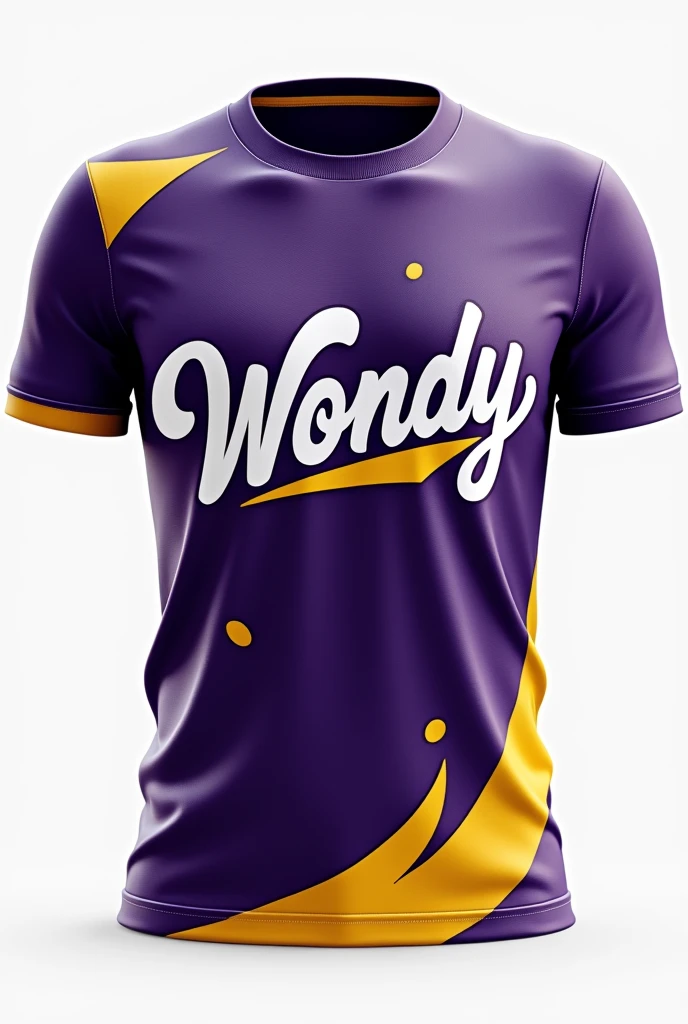 Uniform shirt with the name WONDY in white with a modern and fun design in purple and lots of yellow