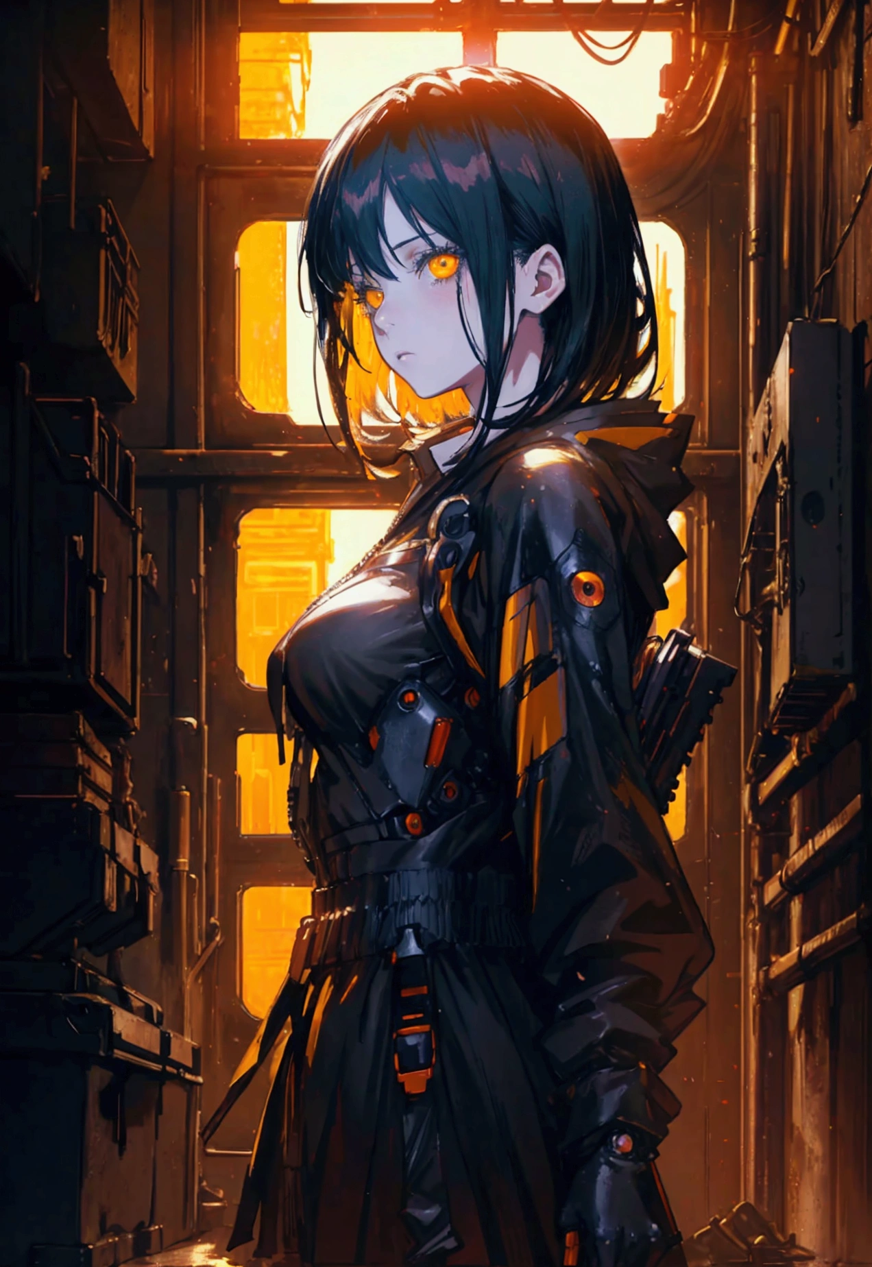 a beautiful anime girl, detailed anime face, short black hair, yellow eyes, highly detailed, intricate details, sharp focus, 8k, photorealistic, hyperrealistic, chiaroscuro lighting, moody atmosphere, dark fantasy, cyberpunk, dystopian, chainsaw man style
