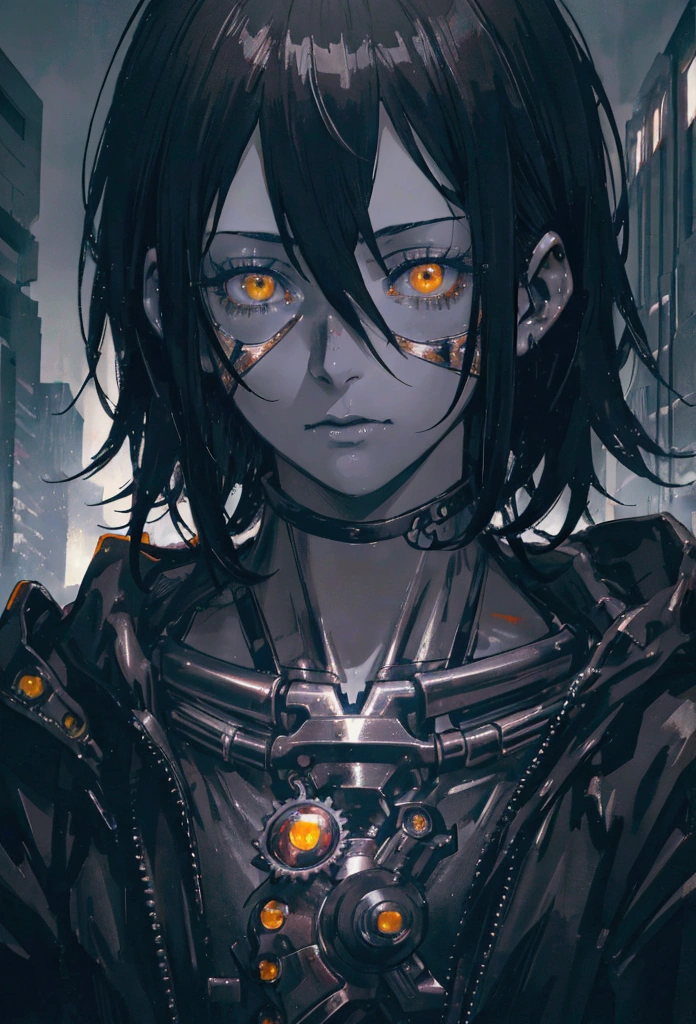 a beautiful anime girl, detailed anime face, short black hair, yellow eyes, highly detailed, intricate details, sharp focus, 8k, photorealistic, hyperrealistic, chiaroscuro lighting, moody atmosphere, dark fantasy, cyberpunk, dystopian, chainsaw man style