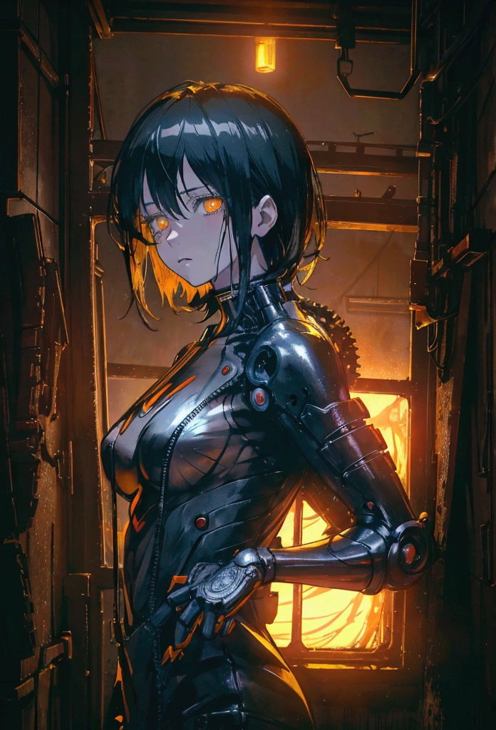 a beautiful anime girl, detailed anime face, short black hair, yellow eyes, highly detailed, intricate details, sharp focus, 8k, photorealistic, hyperrealistic, chiaroscuro lighting, moody atmosphere, dark fantasy, cyberpunk, dystopian, chainsaw man style