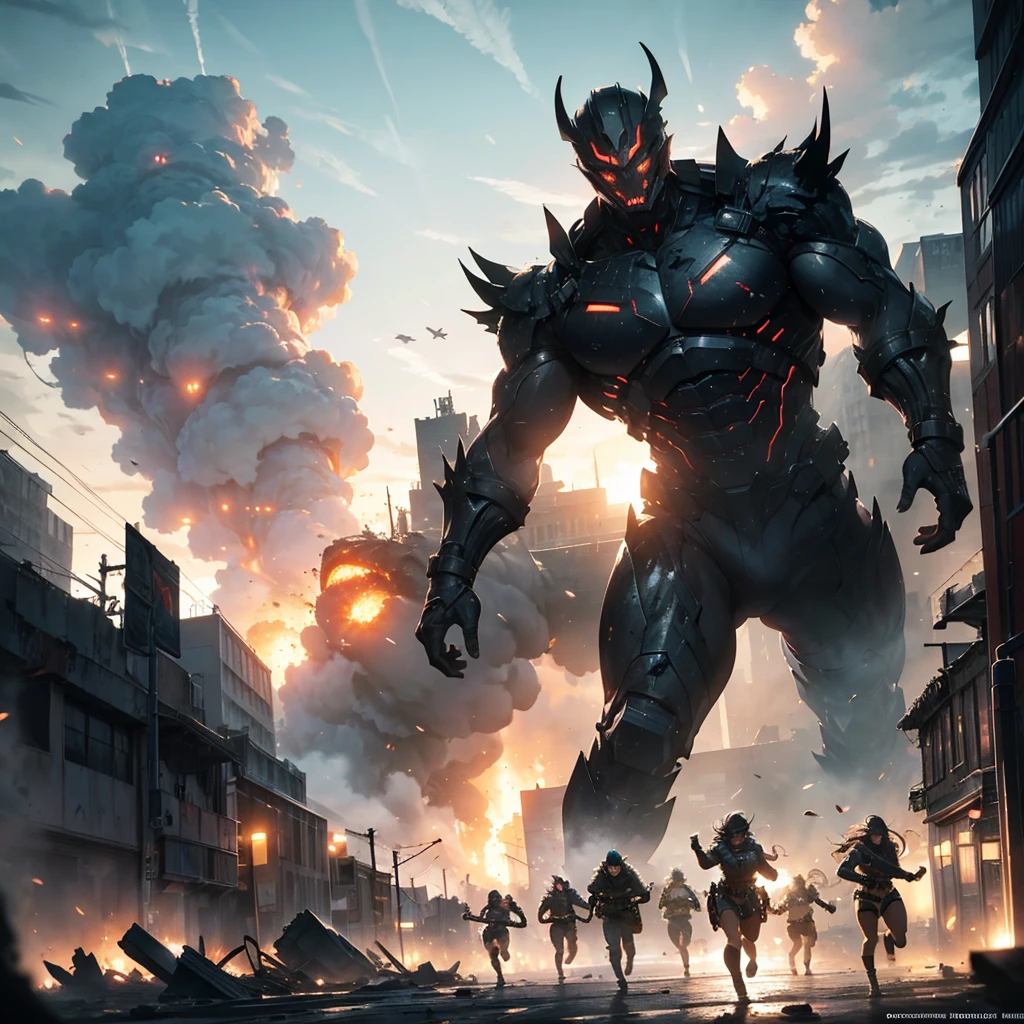 a massive destructive monster, fighting with the military, in a ruined city, destruction, chaos, smoke, rubble, crumbling buildings, cinematic angle, epic battle, powerful monster, military tanks and weapons, intense action, adrenaline, dramatic lighting, moody atmosphere, cinematic composition, highly detailed, 8k, photorealistic, hyper-detailed, masterpiece and civilians all running and evacuating