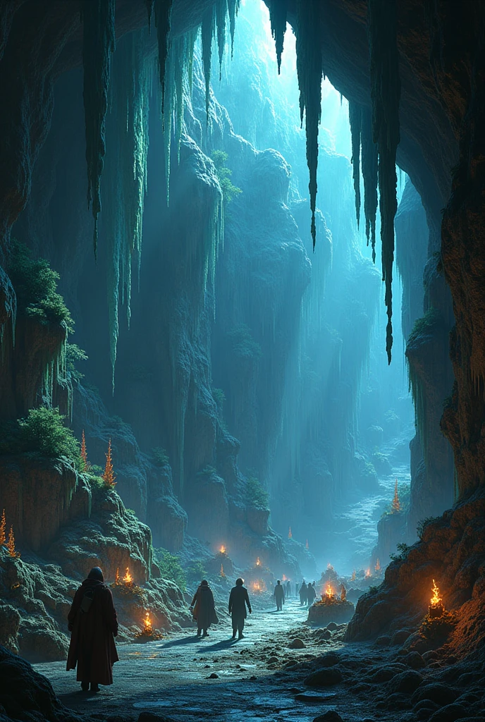 Epic exposed cave of decorated stalagmites in a medieval world in minecraft