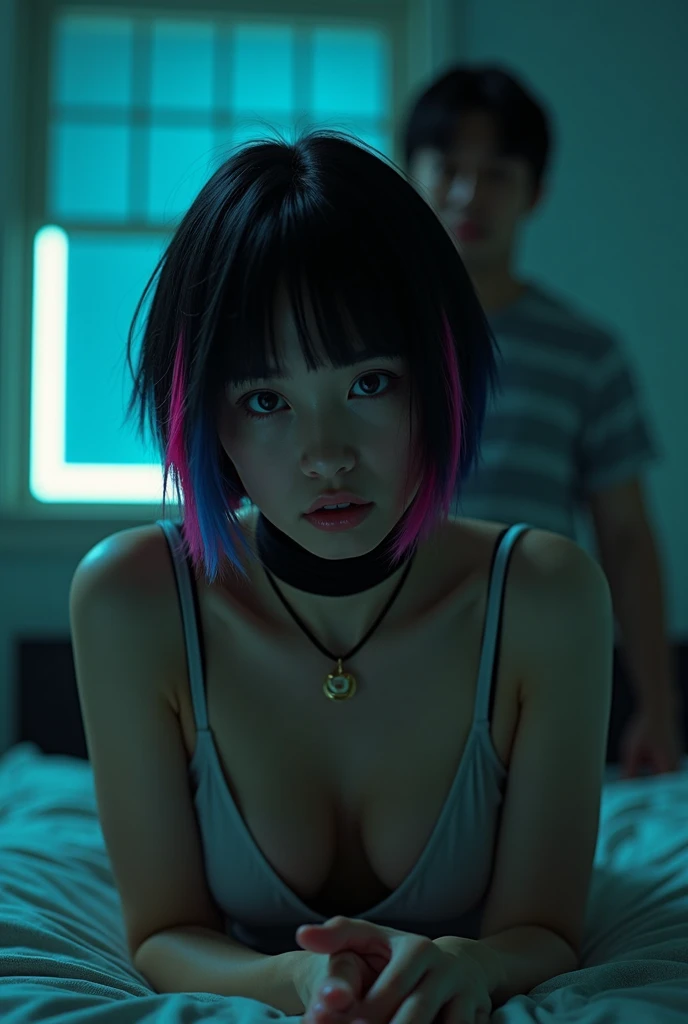 David fincher lighting style realistic, Thailand ladyboy penis cock dick, half asian, near future, black hair, short angled bob haircut, straight hair bangs,the hair has blue hair streaks and pink hair streaks, flat chested , black thigh high socks, background, city apartment, sexy, pretty skin, fully naked shemale, shes transsexual, sexy, ladyboy penis, cock, dick , she cock, sex pot, sissy, gay ladyboy penis, femboy body, penis, BDSM , porn, pornography, a big large man, is on top of her naked, the man is fat 48 year old naked, motel room, she is on all fours, having sex on the bed, fucking, groping her, rape, forced sex
