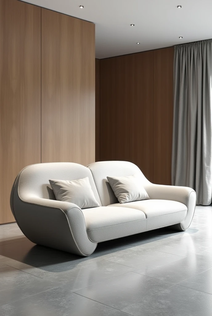 A modern two-person sofa , futurist whose motto is the encounter ,in modules ,curved shapes
