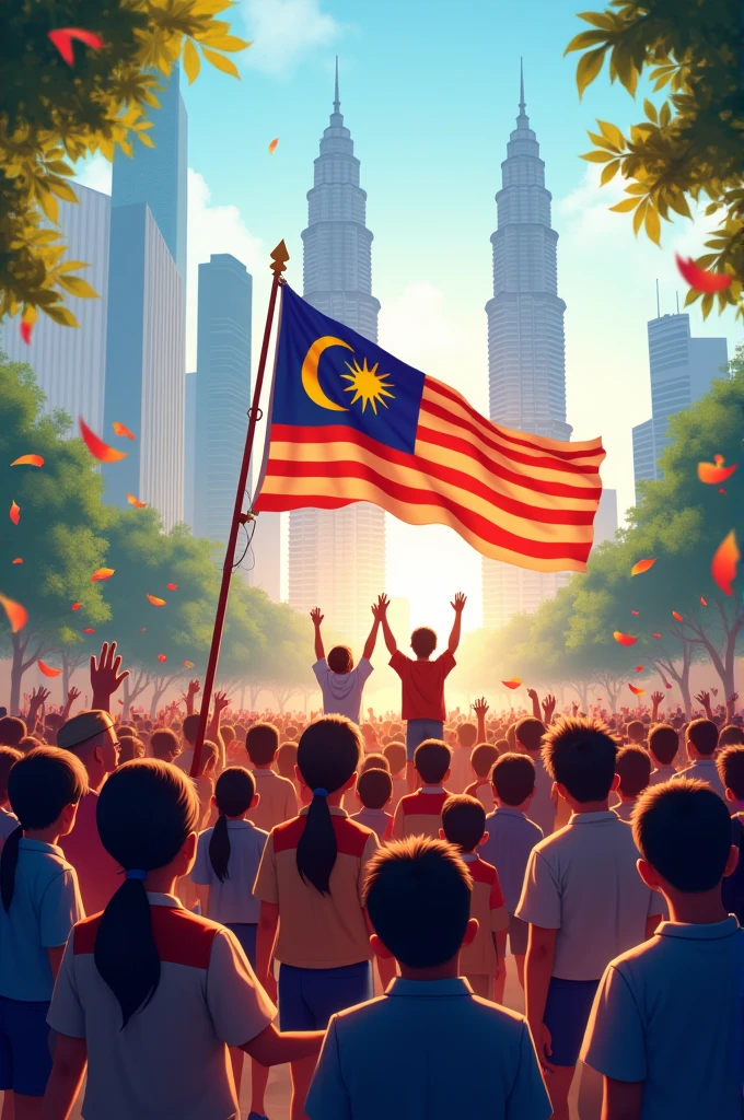 At klcc with a group of students , family are holding a flag to celebrating independence days .aspect ratio 16:9
