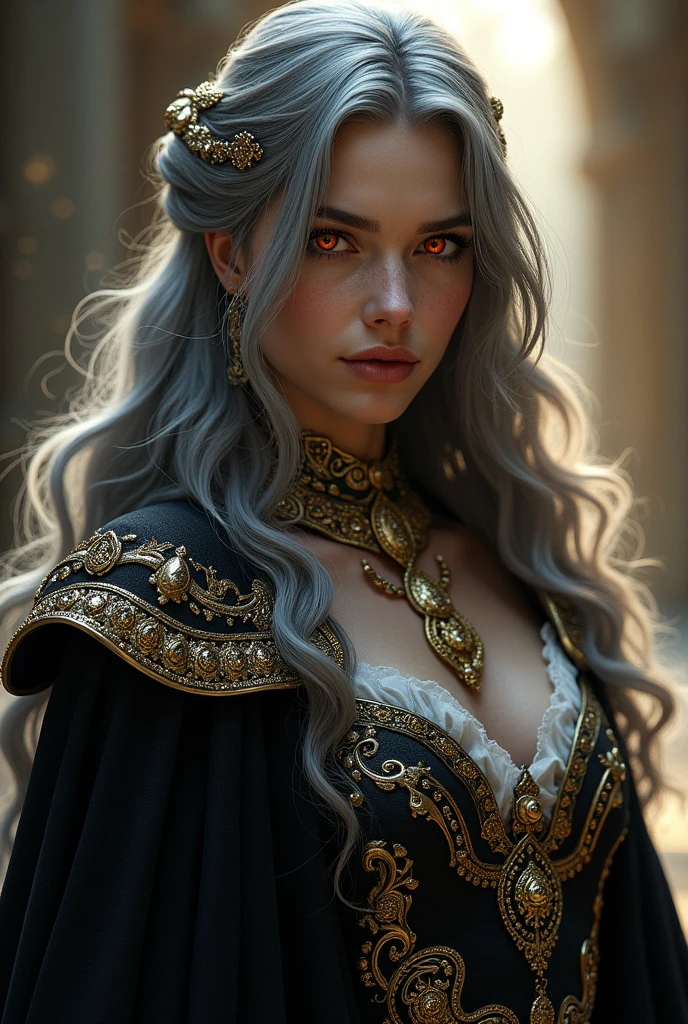 An adult in medieval noble clothing , long silver and black hair  , One eye red like rubies and another golden like gold  , jewelry ,   , 