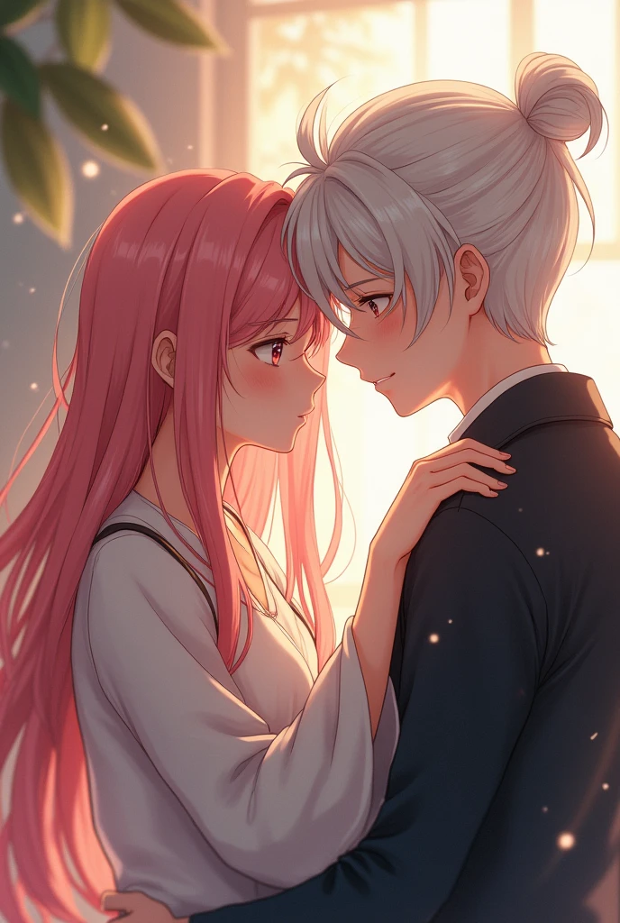 create a young man with long pink hair who meets another young man with tied up white hair and long anime fanart art well done the friends companions have to separate so they get sad sad expression