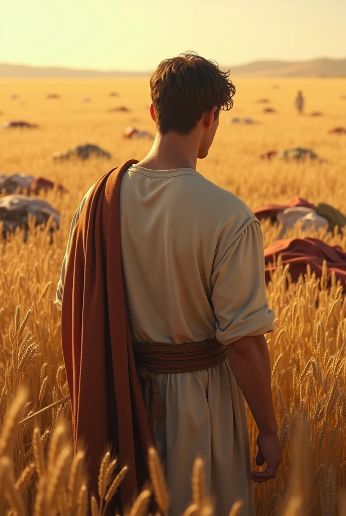 Generate a realistic image according to the Bible of Boaz looking at a wheat field covered with clothing according to the time, the young and handsome, but covered with a tunic