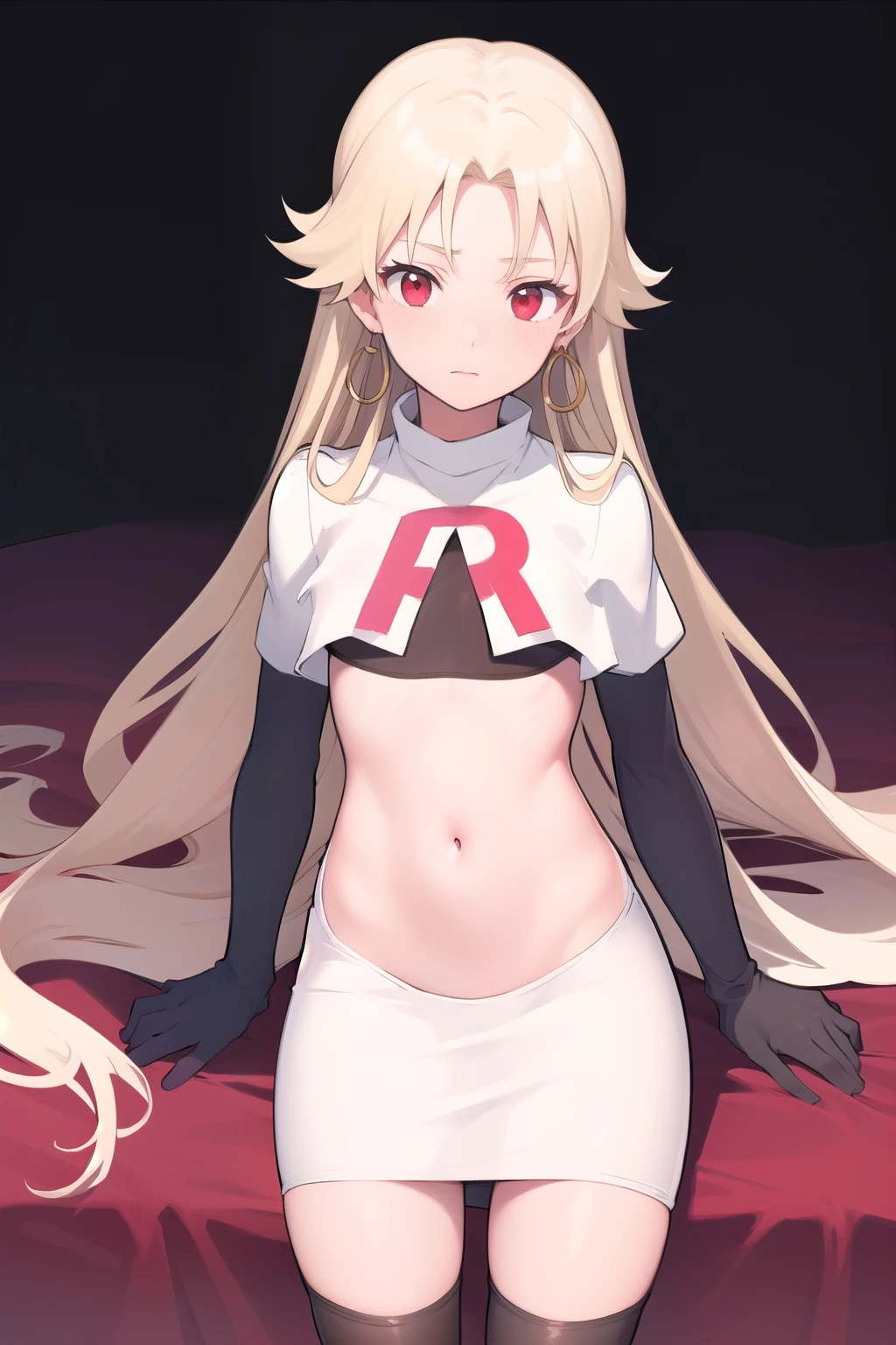 best quality, (masterpiece:1.2), illustration, absurdres,
(1girl, solo), (beautiful detailed girl), (cowboy shot),,
Roselia Millstein, blond hair, very long hair, red eyes, flat chest,
earrings, team rocket,team rocket uniform,white skirt,red letter R,crop top,black thigh-highs,black elbow gloves,
