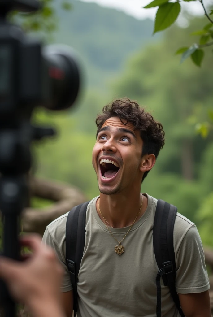IMPRESSED YOUTUBER, natural light, realistic photo, PHOTO TAKEN FROM FAR AWAY