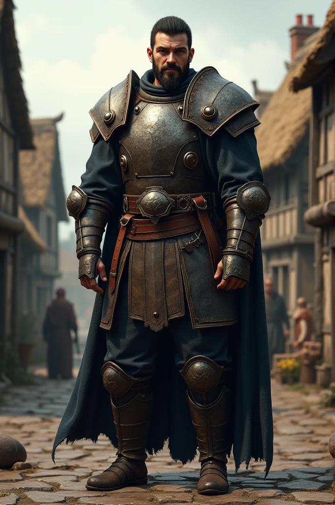 An RPG character, A tall man, short black hair in a medieval village 