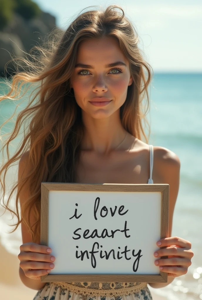 Beautiful girl with wavy long hair, bohemian dress, holding a white board with text "I Love Seaart Infinity" and showing it to the viewer