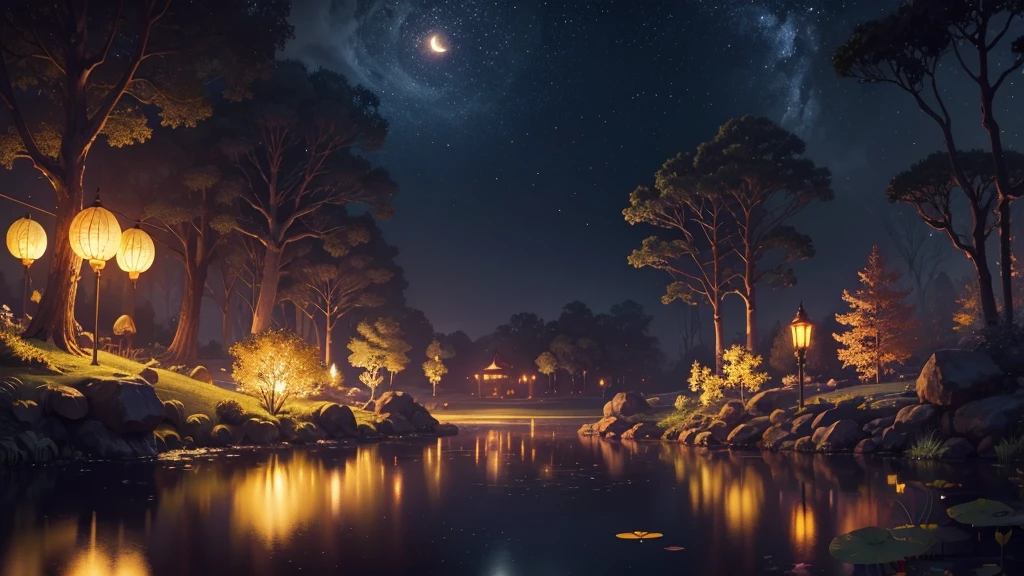 a fantasy forest with a golden crescent moon, a pond with lotus flowers, fireflies, petals swirling in the wind, and a light dusting of snow, detailed, highly realistic, 8k, masterpiece, surreal, cinematic lighting, vibrant colors