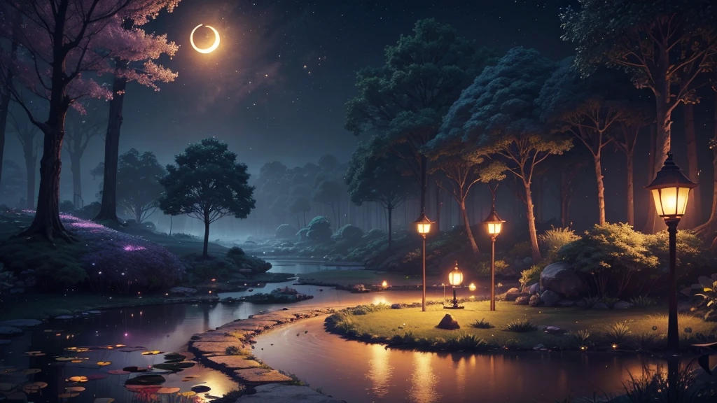 a fantasy forest with a golden crescent moon, a pond with lotus flowers, fireflies, petals swirling in the wind, and a light dusting of snow, detailed, highly realistic, 8k, masterpiece, surreal, cinematic lighting, vibrant colors