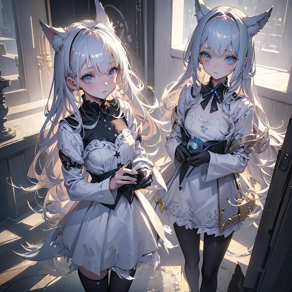 silver hair, dog ears, white dress,wavy hair,delicate features quiet gaze,beautiful half body illustration,beautiful backgraund,atmospheric lighting,sharp focus,vlumetric lighting,cute face,reduce saturation,fine detailed face,small nose and mouth,volumetric top lighting,bold line painting, soft shadow,((masterpiece, best quality)), (1girl), (solo), (female focus),small breasts,flat tits,Lolita,short height,skinny girl,blue eyes,open legs,animal ears,