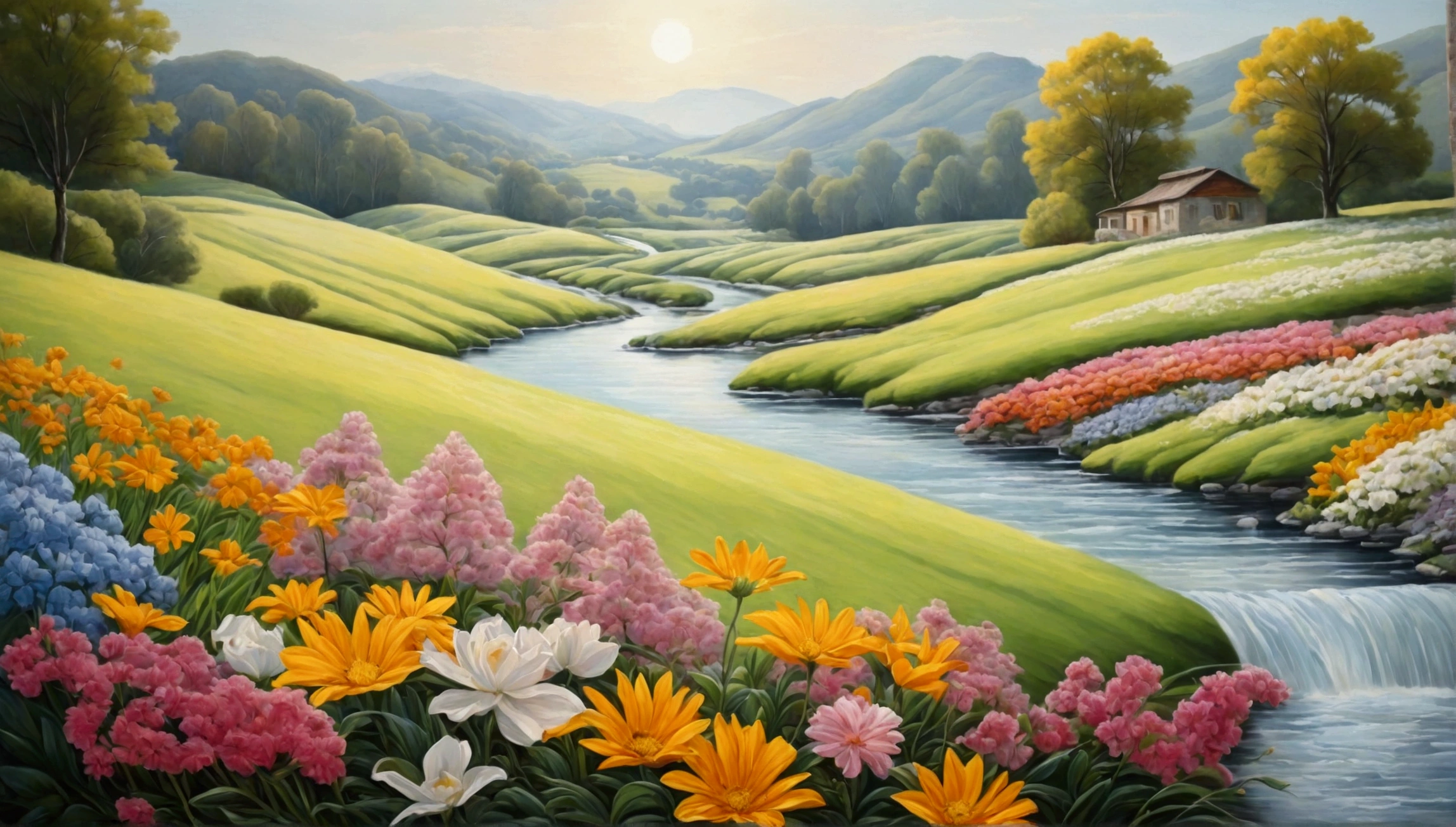 light color,Painting.Lines,Running Water,flowers,landscape