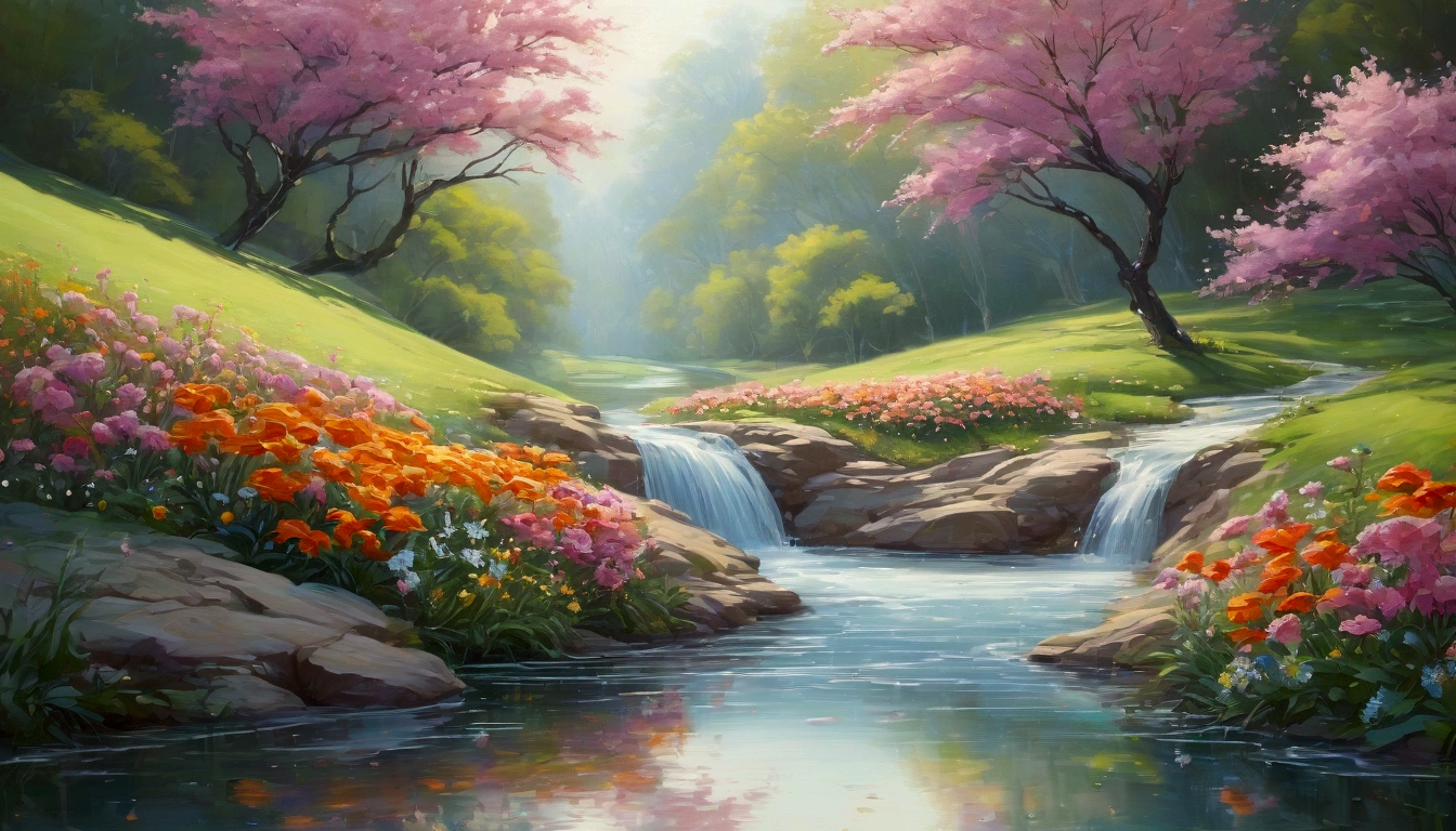 light color,Painting.Lines,Running Water,flowers,landscape