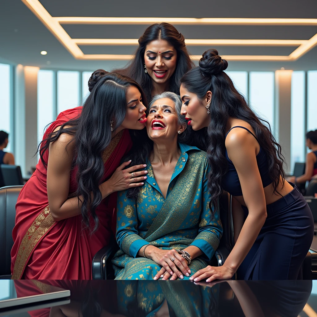 in luxerius office items sorrounded bright lighted modern indian office,A 60 years old eldery indian lady and three 40 years old mature indian ladies,total 4 ladies involving and licking their hairs of each others wildly,First 40 years old mature indian lady turned away 60 years old indian eldery lady on top of the table and grabbing and squeezing her butt tightly to rape her,second 40 years old mature indian lady nend over and licking 60 years old lady' hair bun with her tongue,Third 40 years old mature indian lady bend over and comes down for the purpose of lick head scalp with her tongue,these four ladies are with dress in as per image prompt,all four of them,with their hairs respectively colors for the marure ladies and eldery lady hairs in as per image prompt,their long,meticulaiursly bun hairs shining since wax pasted,red lipsstick,natural tongues pulled out,licking the eldery lady' hair by matures with bun like she is being raped excat in image,These all four ladies' faces are with showing full of sexual wildness showing out from their faces exact as in image prompt,Their eyes are fullfill with sexual wildness with raping hair bun as per the imahe prompt,(Show me their tongues,long tongues:1.0) styled with 100000 liters hair oil,hairs like viscus oiled pulp,slick combed hair lines highly visible,{{{{Ladies wears perfect dresses in perfectt busty}}}},{{{{{NSFW}}}}},{{{{{{Hairs highly soaked}}}}}},{{{Hairs Drenched in water}}}}},{{{slick combed hair lines}}}},{{{{Hairlines reflecting shinning like mirrors with water}},{{{{{Showcase full bodies perfect figures}}}}},{{{{{High resolution perfecr color grading}}}}}},{{{Perfect hair buns on all four ladies exactly in image prompt}}}}}}},((((((Generate ethnicity as indian sexy build ladies))))))),((((((Generate wildness poses where shows the wildness maturity of the sexually wildness and extremly extremly wildness in to hair licking by their tongues exatly as image prompt if someone sees this should get errected)))),