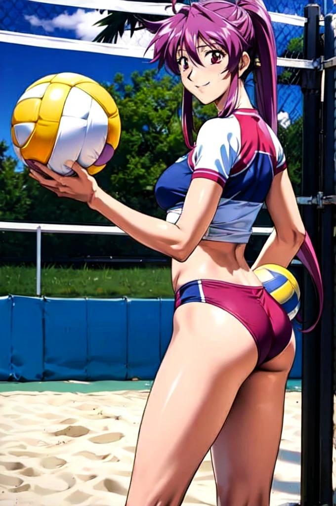 Innai Kansen - Miyama Kaori Internal infection - Miyama Kaori, masterpiece, best quality, a sexy mature nude woman with bare is wearing beach volleyball player tops and holding a volleyball ball posing at the beach volleyball field, volleyball, 1girl, bottomless, is, tops only, red and black sports bra, beach volley uniform, butt crack, looking back, 独奏, smile, sunburn skins, miyama kaori