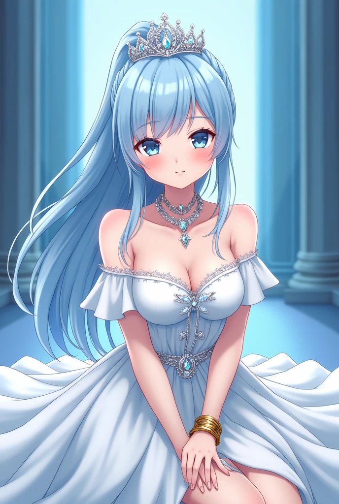 An anime-style medium shot of a hot cute girl with a long ponytail and light blue hair. She is wearing a white princess sleeve dress with a shoulderless top. She has a diamond crown on her head and a diamond necklace around her neck. She is also wearing a golden bracelet on her wrist. The girl is sitting in a bed in a castle. The background is blue. Full skirt white colour