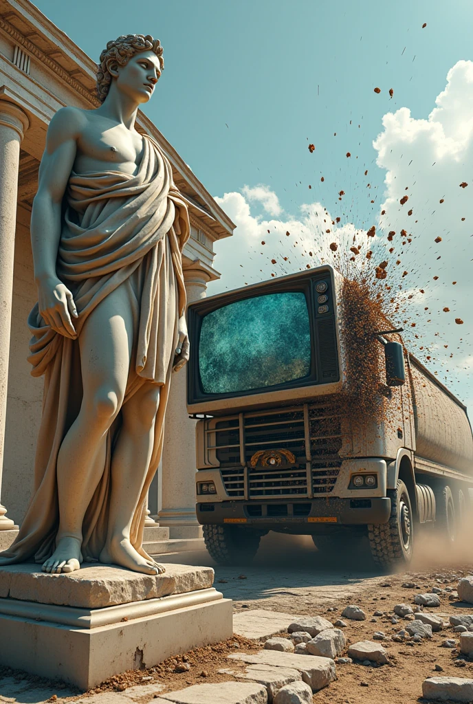 GREEK STATUE WITH A TRUCK HITTING AND BREAKING A TELEVISION