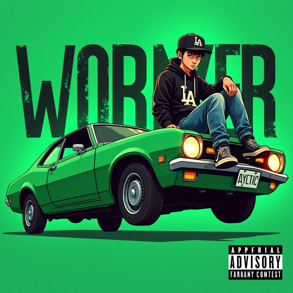 Image of a man sitting on the bonnet of a car, Yoshihiko Wada&#39;s album cover, winner of the behance contest, Doodle, official artwork, rap album cover, hip - hop album art cover, colored album art, hip hop music album cover, rap album cover art, official fanart, GTA Cover, hip hop album cover, album art cover, G-FUNK Hip Hop album cover, green background, green car, with the words If WONA behemes a gangster on the back of the picture, an Asian teenager wearing a black LA hoodie, a black LA ball cap with a deep press and a wide pair of jeans down, a troublemaker boy sits on the bonnet of a car and lets the car out to the side