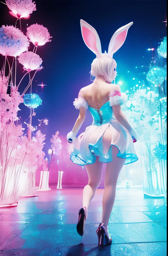 (((edgBunny))),edgBunny,(((Behind it is a huge rabbit))),A woman of outstanding figure,Wear a nice miniskirt,jewely,Amazing work,Vitreous er,clean backdrop,High gloss,blue colors,In pink,cyan colors,red colour