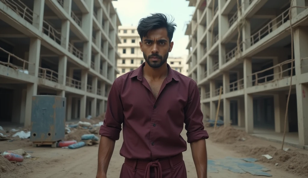A 24 year old Indian handsome man named Vicky is roaming around near an under construction building. He is wearing maroon 3 pictures. and he is terrified