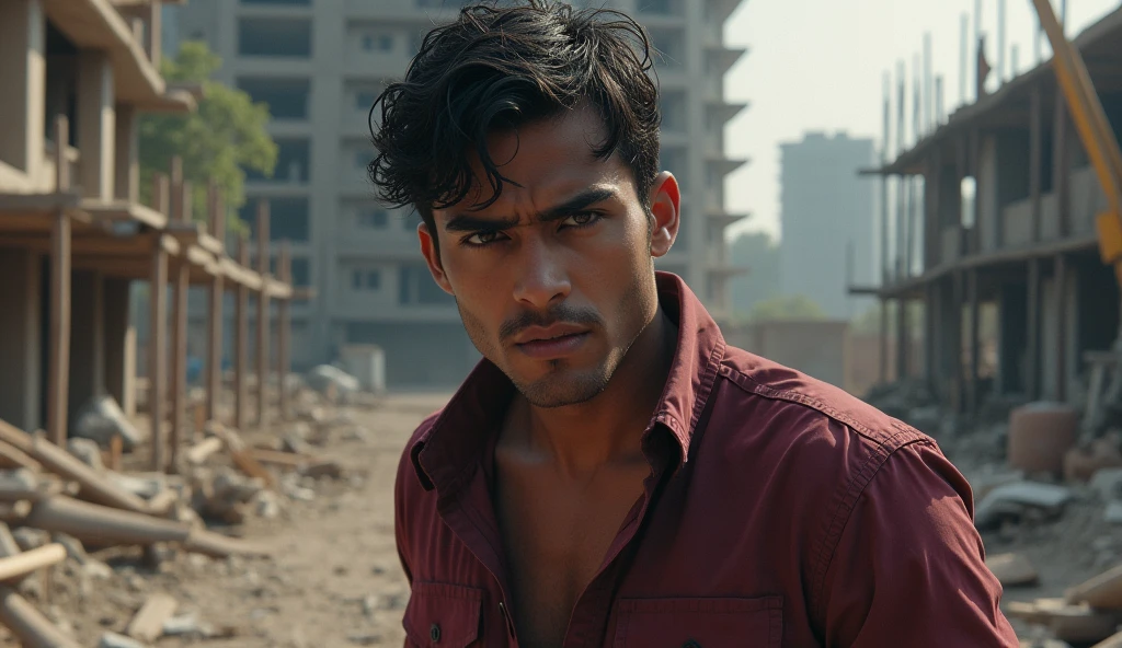 A 24 year old Indian handsome man named Vicky is roaming around near an under construction building. He is wearing maroon 3 pictures.  and he is terrified 