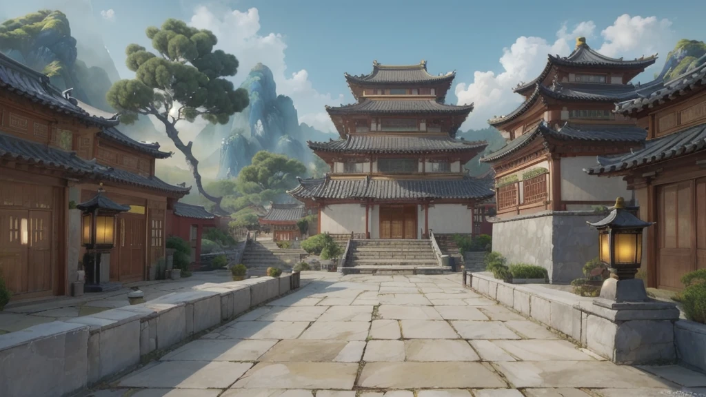 中国Ink画,  masterpiece , best quality, Ink画，Guo Chao，Ink，（Xianxia scene，Fantasy fairyland scene，Pavilions，architecture具有东南亚特色，cloud雾缭绕：1.5），outdoor，Sky，daytime，cloud，Tree，Blue sky，nobody，window，plant，architecture，landscape，lantern，stairs，Potted plants，architecture，东亚architecture，landscape