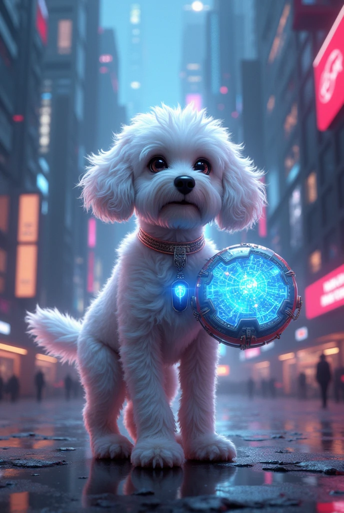 realistic dog, the white cockapoo, in the middle of a dazzling futuristic city. Tall glass and metal buildings rise in the background, illuminated by neon lights and floating holograms. Cooper is in the foreground, with its bright white fur contrasting with the city lights. He wears a technological necklace that emits a faint glow..On its paws, He holds an ancient device with a holographic screen that projects a glowing map. Around it, You can see details of the underground city and the adventure you are about to embark on..