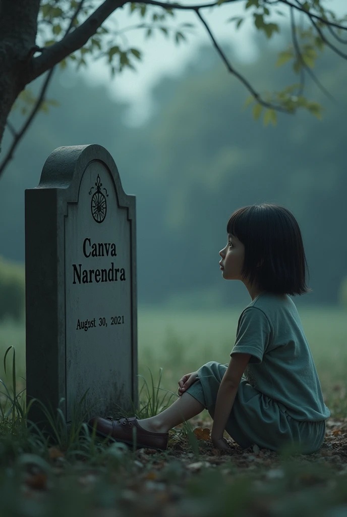 A girl sitting daydreaming looking at a gravestone with the words "Canva Narendra" and the year of death "August 30 2021"