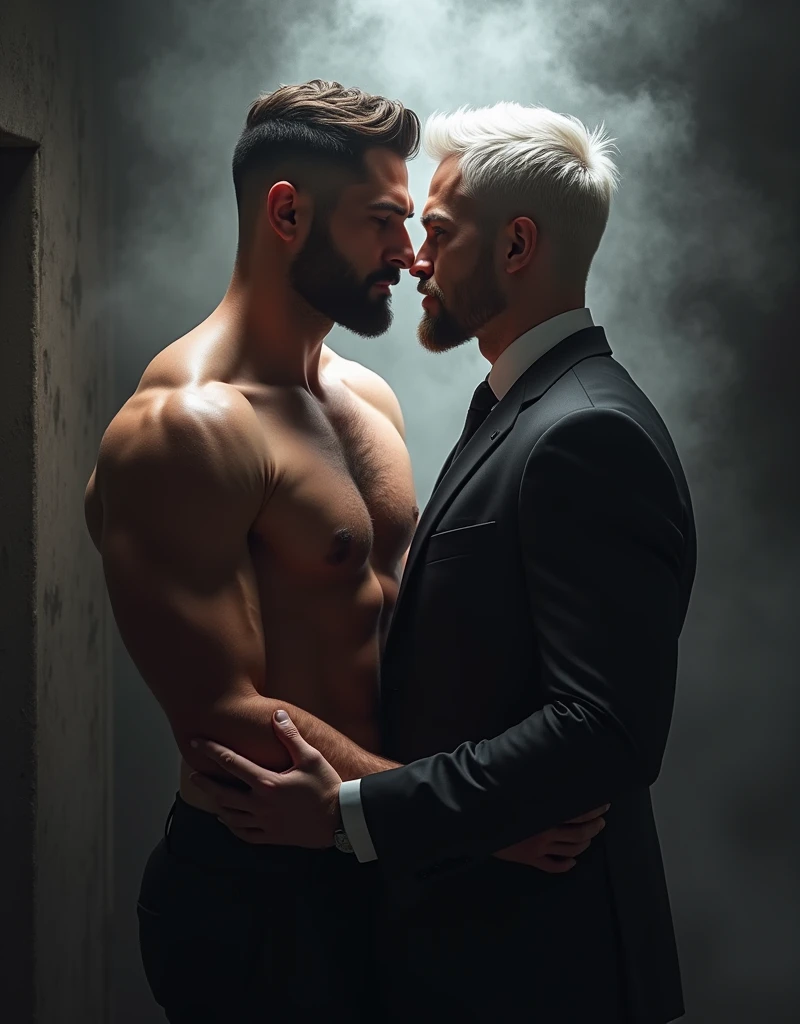 2 man! gay art! handsome Matt Anderson without clothes. Sensual shooting. pleasure. sweaty body . sex. Chest muscles! Chest hair! ((monochrome)), ((grayscale))wearing a suit and tie,tattoo. white hair Smoke, movie feeling!Movie lights! Award-winning poster