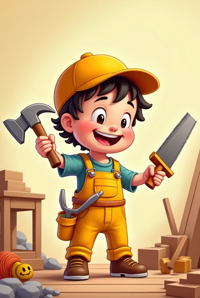 I want a picture of a child drawn in cartoon style, . The child must wear yellow overalls and a cap of the same color.. In one hand you should hold a saw and in the other a hammer., In addition to having a shovel and a measuring tape attached to the belt. The child must be smiling, and must be standing on a wooden floor."