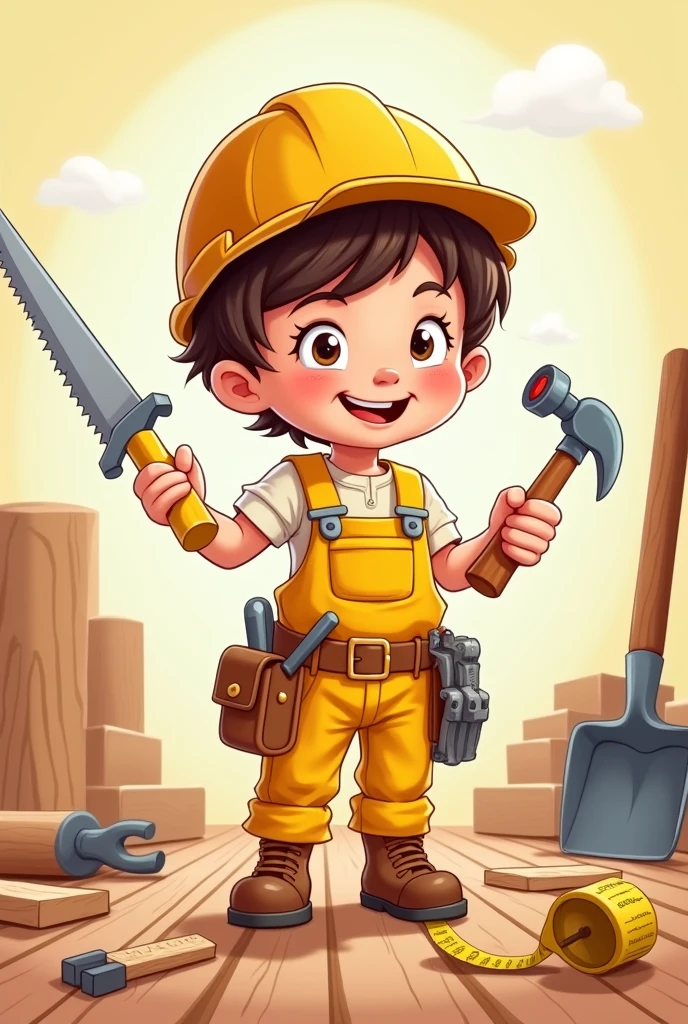 I want a picture of a child drawn in cartoon style, . The child must wear yellow overalls and a cap of the same color.. In one hand you should hold a saw and in the other a hammer., In addition to having a shovel and a measuring tape attached to the belt. The child must be smiling, and must be standing on a wooden floor."
