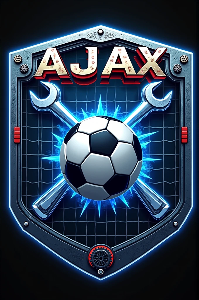- **shield**: The shield can be hexagonal in shape, representing precision and mechanics.
- **name of the team**: At the top of the shield, Place the name "Ajax" in robust and mechanical letters, with small gears integrated into the letters to give it an industrial touch.
- **Football and mechanics equipment**: In the center of the shield, Place a stylized soccer ball with patterns reminiscent of gears or mechanical parts. You could use a wrench crossed with a screwdriver behind the ball, creating a kind of "X" that gives the impression of a powerful emblem.
- **Blue Lock Touch**: Incorporates an energy effect or aura around the ball, similar to the Blue Lock animations when characters release their "ego" in the countryside. besides, You can include in the background of the shield some speed lines or a broken net that symbolizes the power and aggressiveness of the game., Blue Lock Features.
- **colors**: Use a color palette that matches steel (metallic gray), Electric Blue (in reference to Blue Lock), and red details to give it an aggressive and competitive touch.