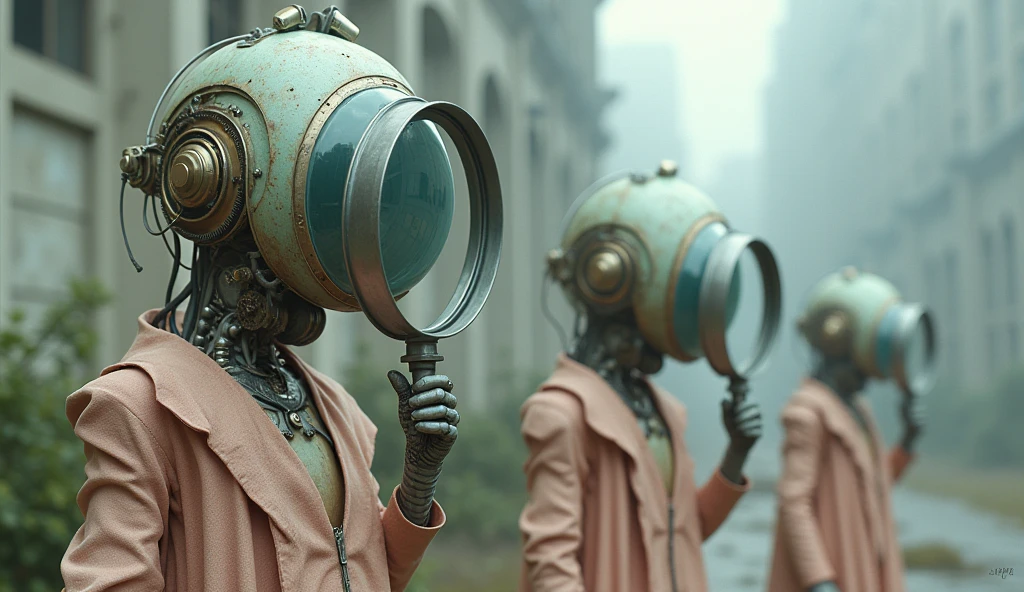 Top quality, masterpiece, cement building background, pastel colors, multiple creatures with magnifying glasses as heads, complex mechanical bodies, science fiction, detailed science, life science, pastel colors, wearing complex and delicate clothes, detailed image texture, bizarre, horror, creepy atmosphere (not AI image), cloudy weather, pastel colors, foggy, low saturation image