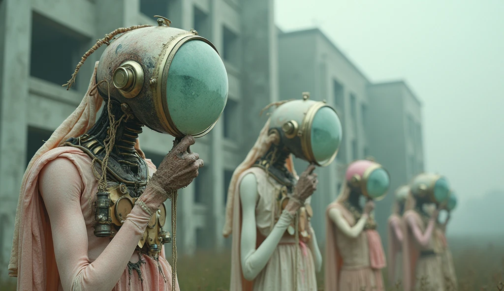 Top quality, masterpiece, cement building background, pastel colors, multiple creatures with magnifying glasses as heads, complex mechanical bodies, science fiction, detailed science, life science, pastel colors, wearing complex and delicate clothes, detailed image texture, bizarre, horror, creepy atmosphere (not AI image), cloudy weather, pastel colors, foggy, low saturation image