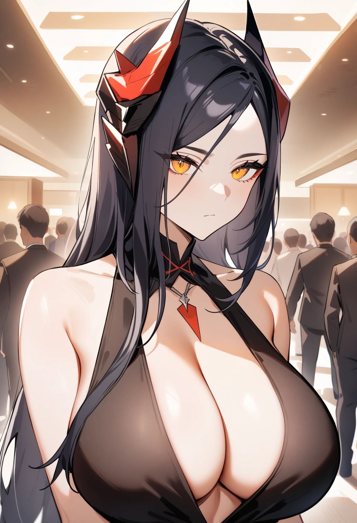 masterpiece, best quality, very aesthetic, absurdres, 1girl, ines\(arknights), arknights, upper body, long hair, black hair, eyebrows, horns, yellow eyes, large breasts, cleavage, black dress, plunging neckline, bare shoulder, expressionless, hotel hall, crowd