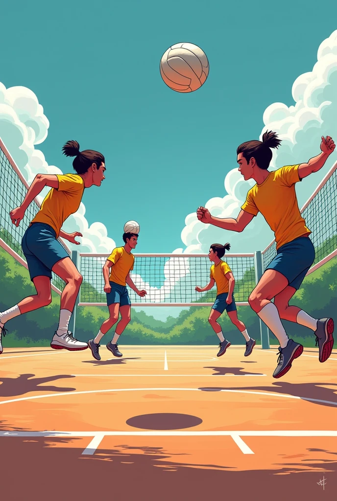 A team of 3 and opponents 3 players in a court like that of volleyball court with a net as a barrier between the teams
Motion how they are about to play a HEADBALL game without hands unlike volleyball and they can score by heading the ball into the opponent ring ground