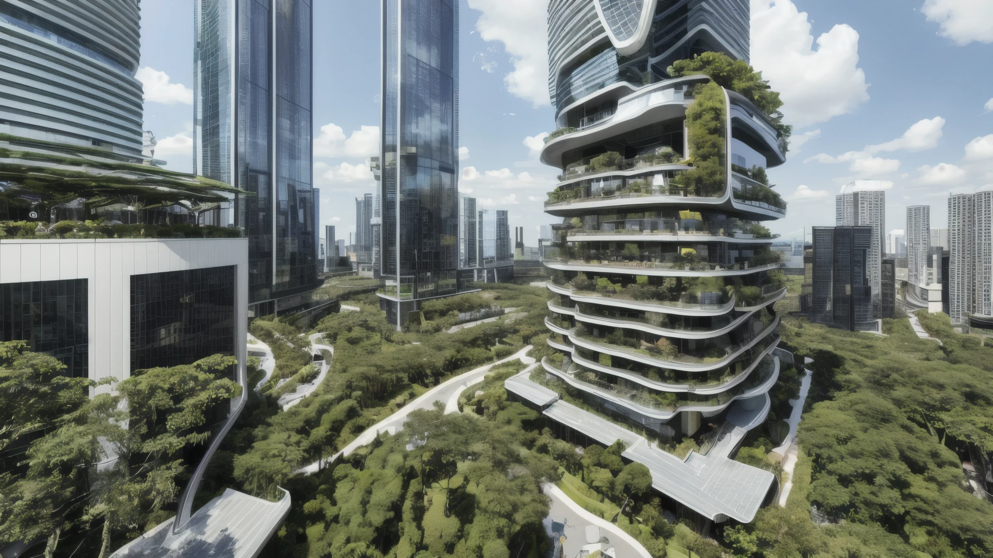 8k、super high quality、masterpiece、Ultra-realistic、In the middle of a skyscraper、An urban landscape with sky gardens。In the glass building、Plants and small forests are incorporated、There is a space where residents can relax in nature.。Aerial elevators crisscross the sky。