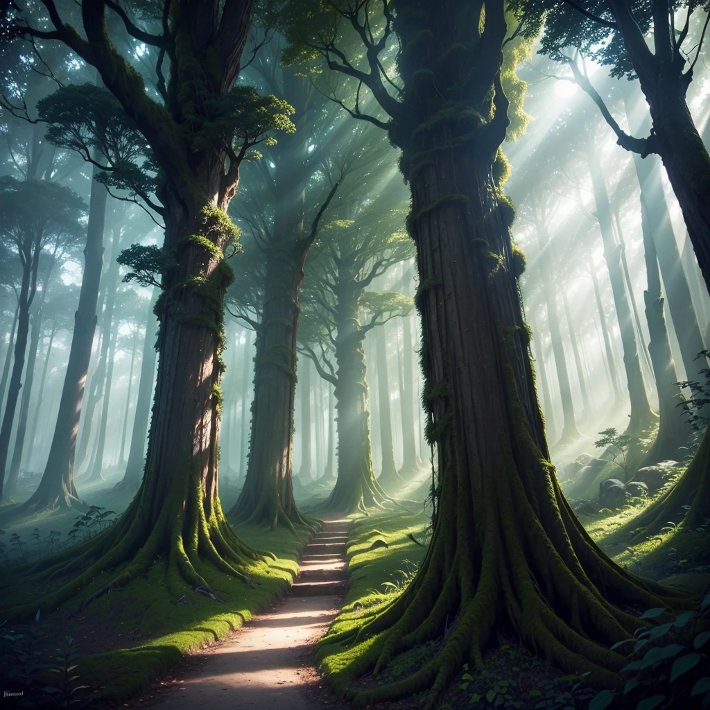 a mysterious ancient forest, dense with towering trees and vibrant foliage, creating an otherworldly atmosphere. the forest is teeming with life, from luminescent insects emitting a soft glow to rare ethereal creatures moving gracefully among the twisted roots and hanging vines. the environment is enchanted, with a subtle yet ever-present magical energy humming in the air. the air is heavy with the scent of moss, damp earth, and the sweet fragrance of exotic flowers. the sounds of unseen creatures resonate, creating a symphony of nature that seems to come alive. the atmosphere is mysterious and awe-inspiring, invoking a sense of wonder and reverence for the ancient beauty that surrounds. it is a place where time seems suspended, and every step holds the promise of uncovering hidden secrets. the scene has an ethereal quality, with a dreamlike quality that blurs the line between reality and fantasy. the interplay of light and shadow creates a dynamic landscape, where the boundaries between the physical and metaphysical are indistinct. the lighting effect is a surreal dance of luminescence, as the soft moonlight filters through the dense canopy, casting intricate patterns on the forest floor. the bioluminescent plants emit a gentle glow, adding a touch of magic to the scene. the shadows play tricks on the eyes, creating an illusory depth that enhances the overall sense of mystery and enchantment.